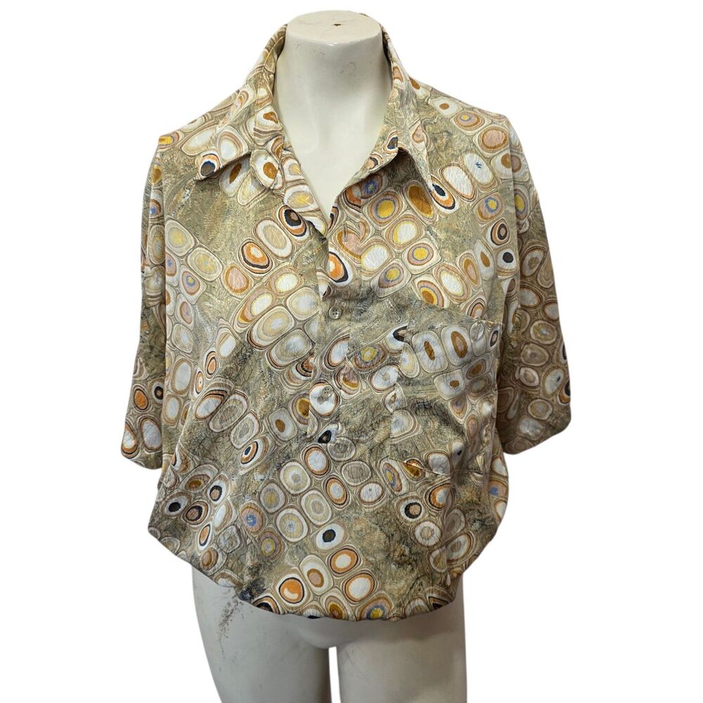 Alan Stuart Geometric Abstract Button Front Blouse Retro Career Top Women's L‎